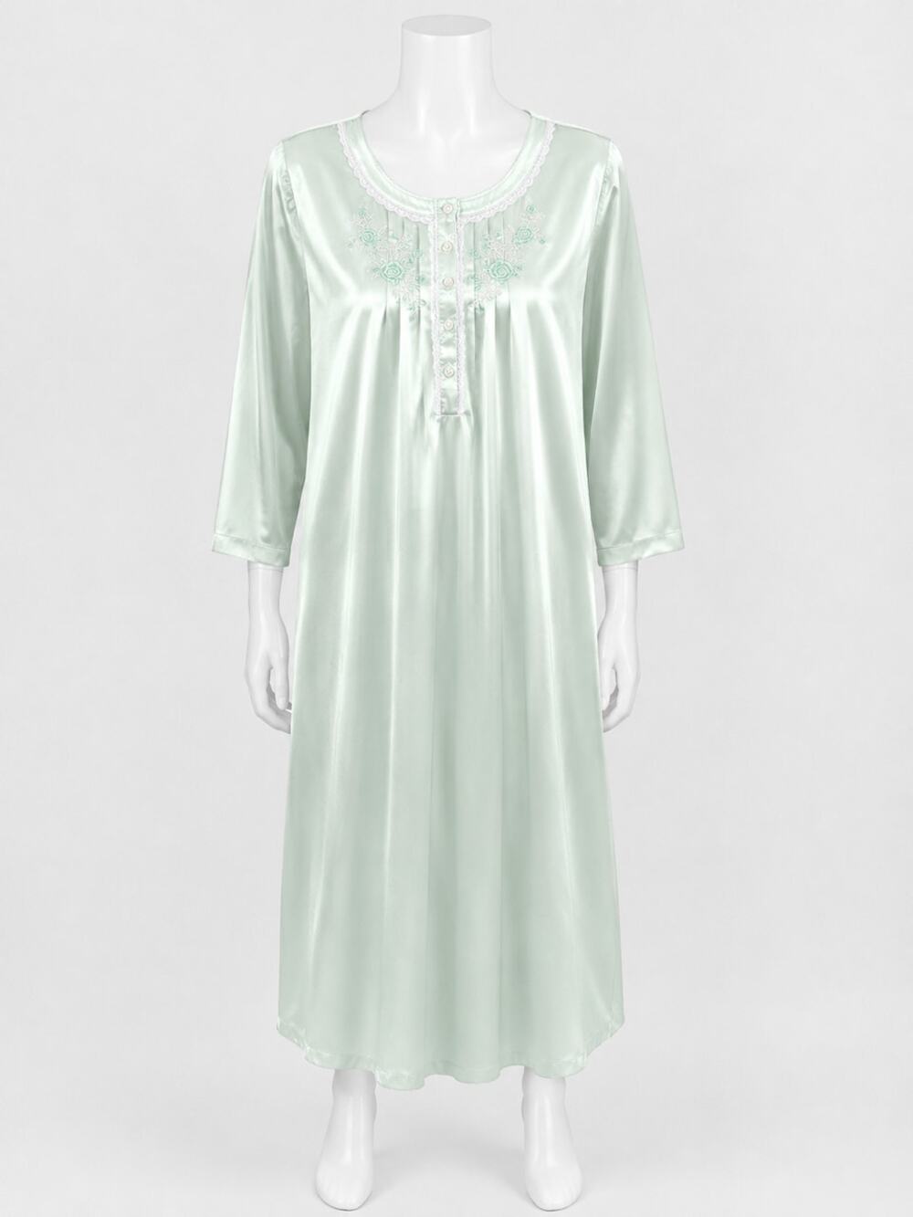 Mint Green Satin Nightgown Embroidered Lace Trim Long Sleeve NWT 1X